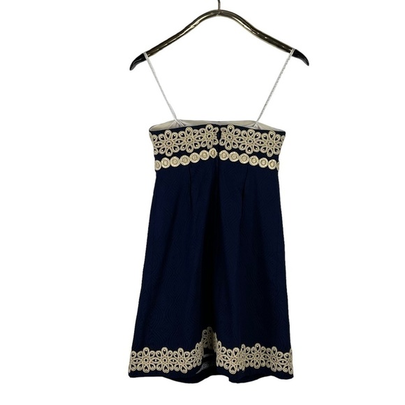 LILLY PULITZER BETSEY JACQUARD FLORAL LACE NAVY GOLD STRAPLESS MINI DRESS - Picture 3 of 16